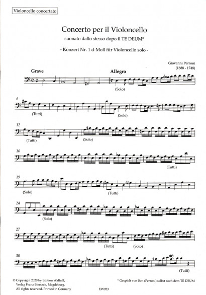 Perroni, Giovanni (1688–1748): Concerto No 1 D Minor<br>Set of parts